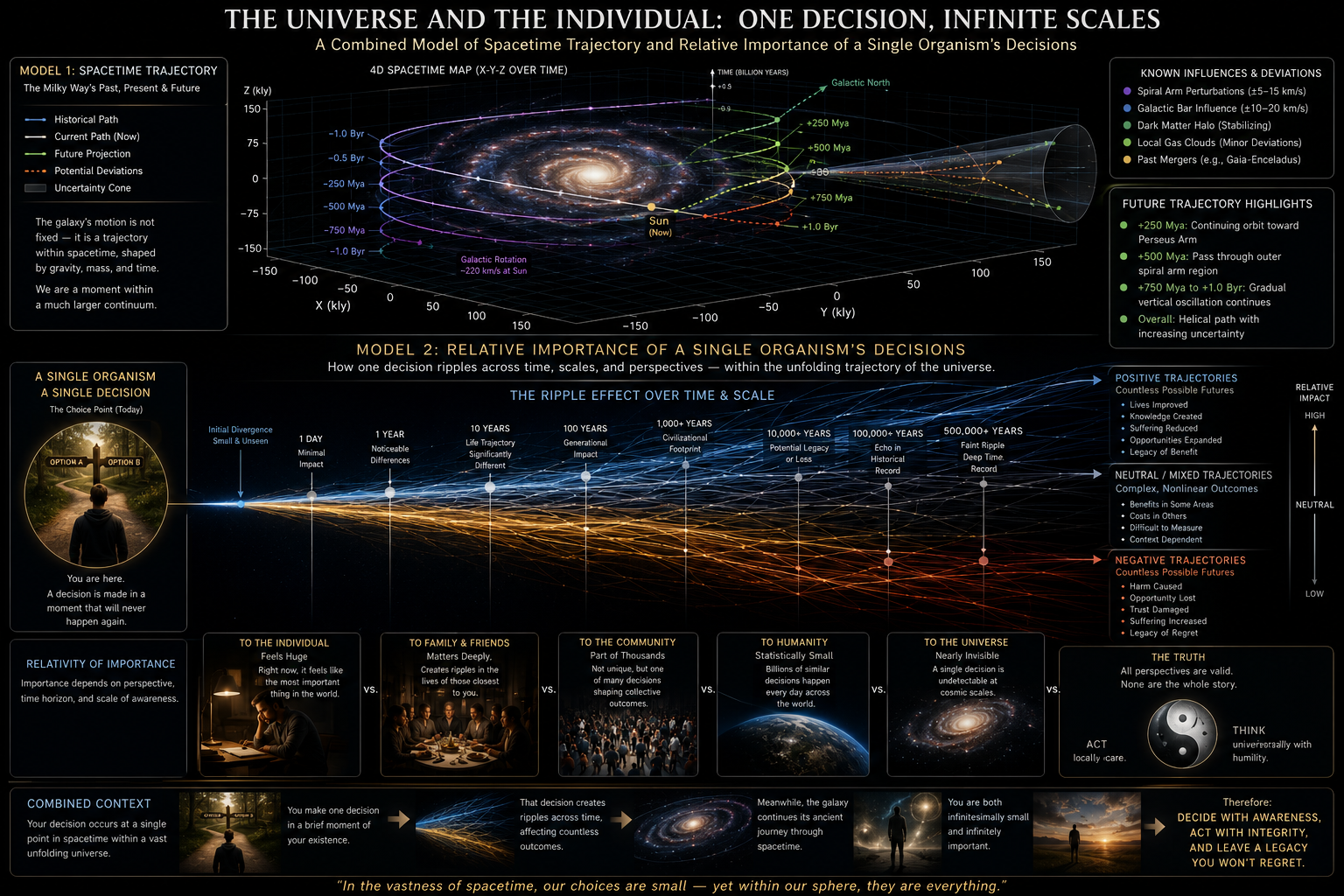 A spacetime trajectory and ripple-effect model connecting an individual decision to the universe