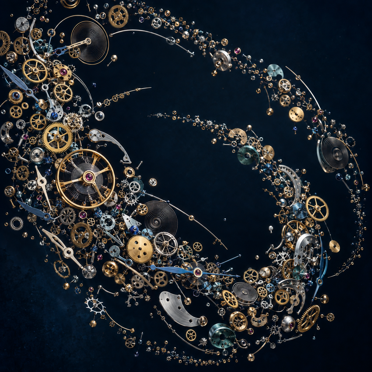 An orbital arrangement of tiny gold and silver clockwork fragments against midnight blue