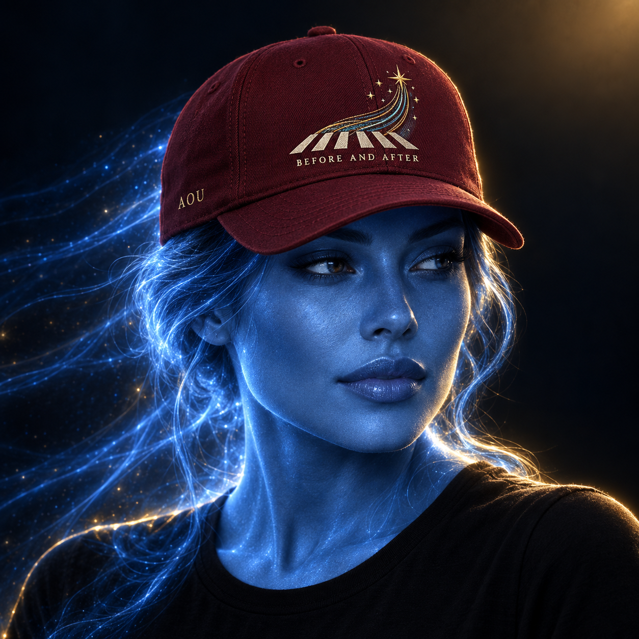 Before And After hat design mockup on a blue luminous model