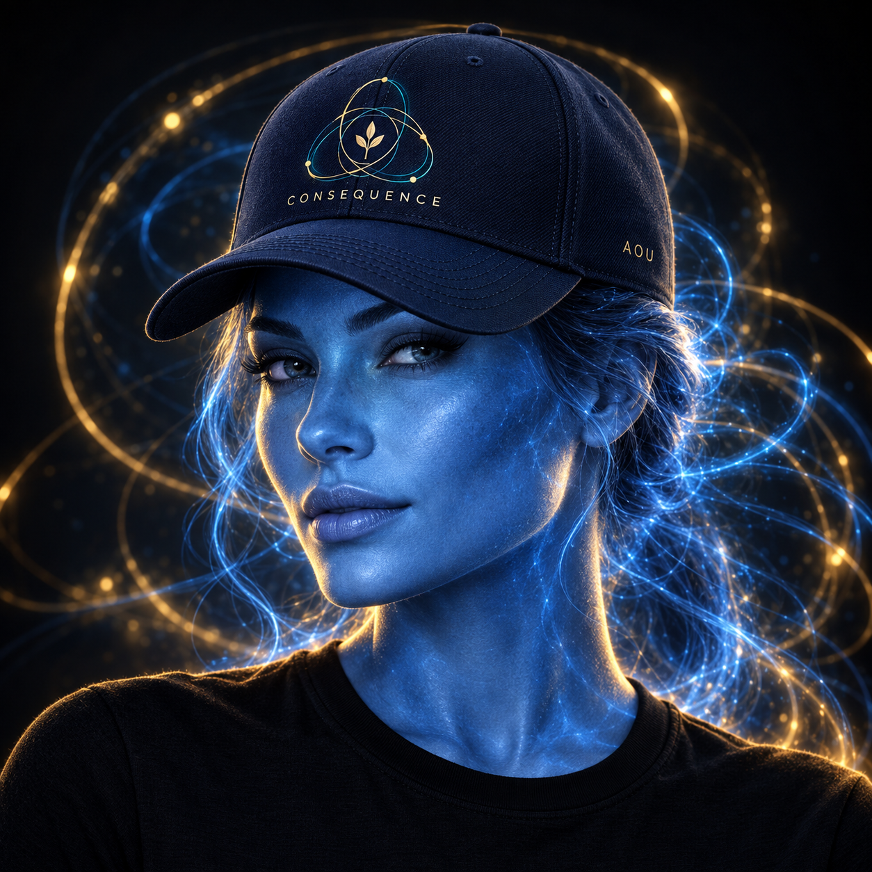 Consequence hat design mockup on a blue luminous model