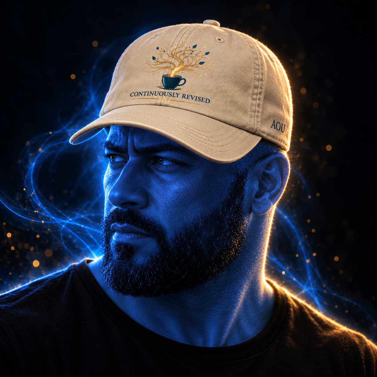 Continuously Revised hat design mockup on a blue luminous model