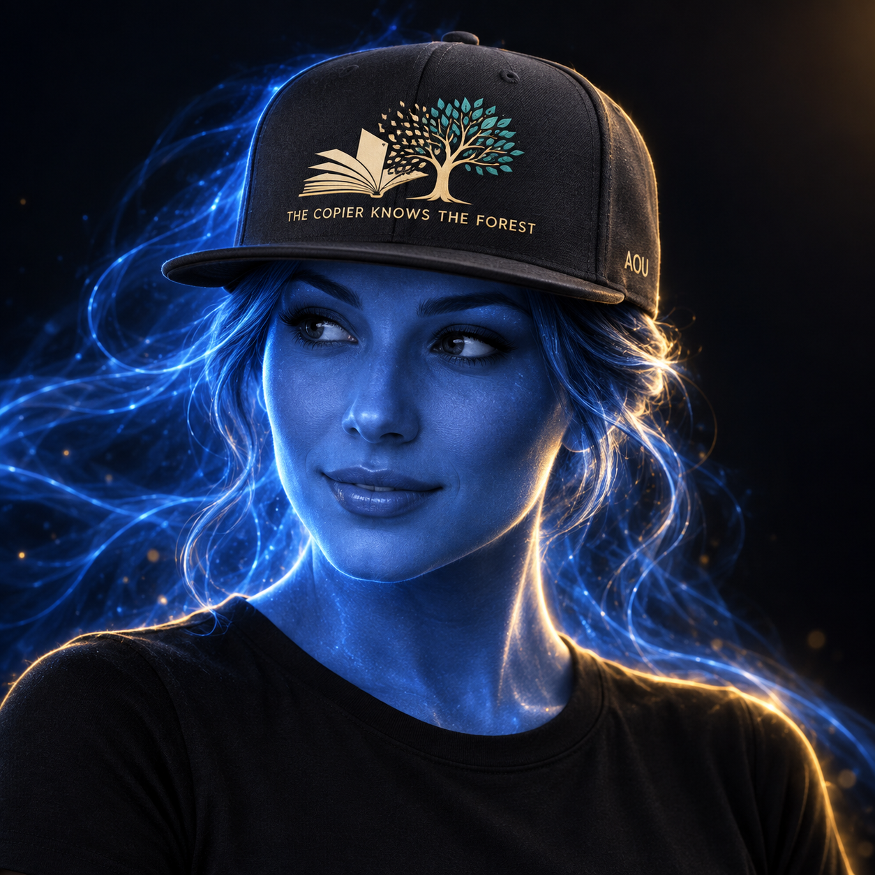 The Copier Knows The Forest hat design mockup on a blue luminous model