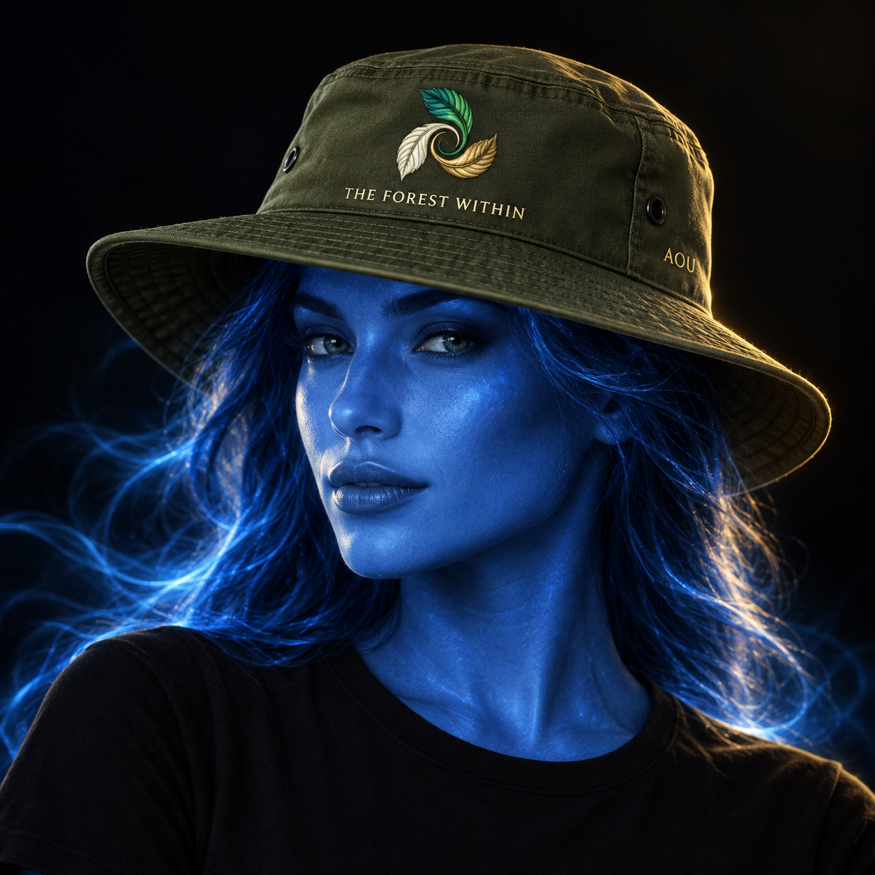 The Forest Within hat design mockup on a blue luminous model