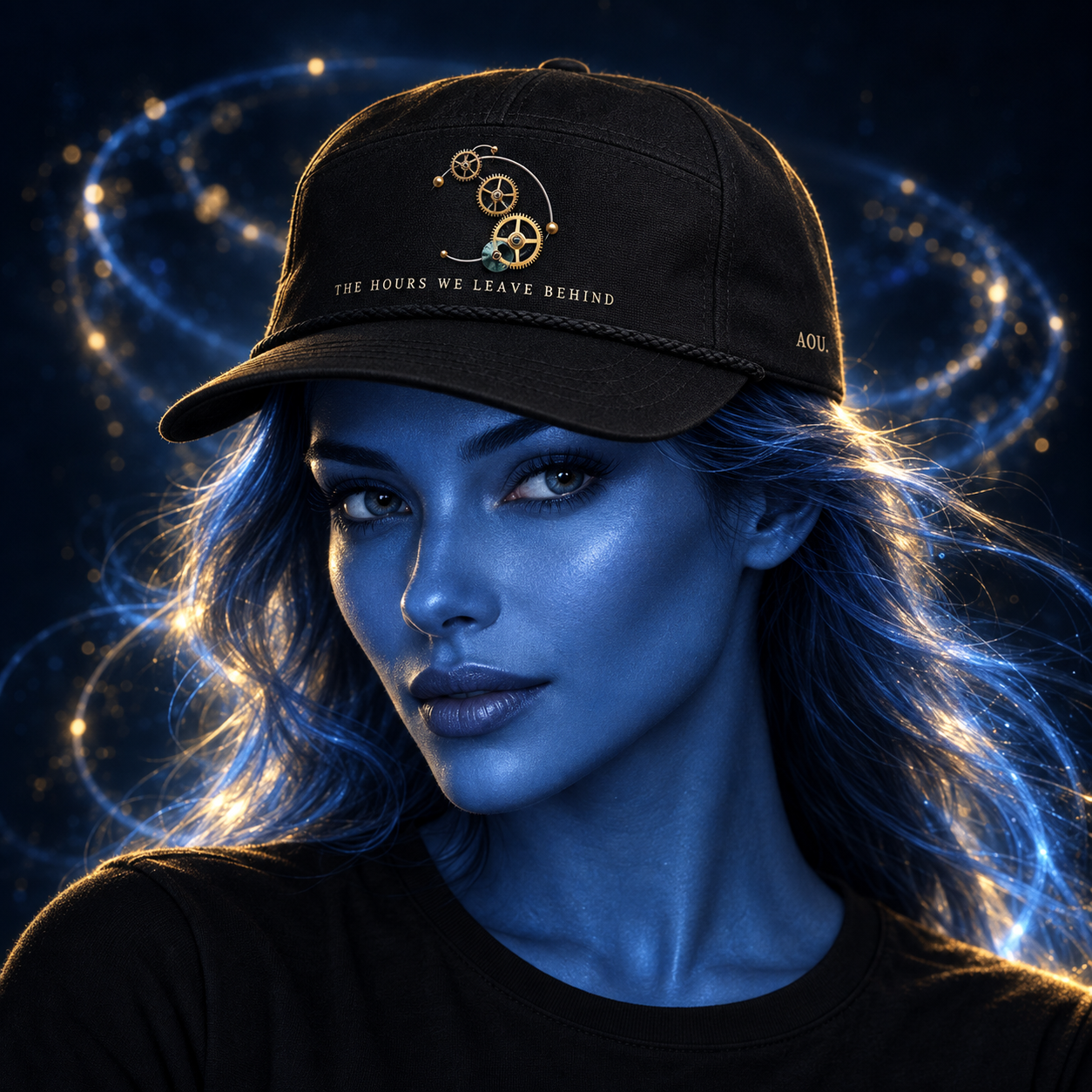 The Hours We Leave Behind hat design mockup on a blue luminous model