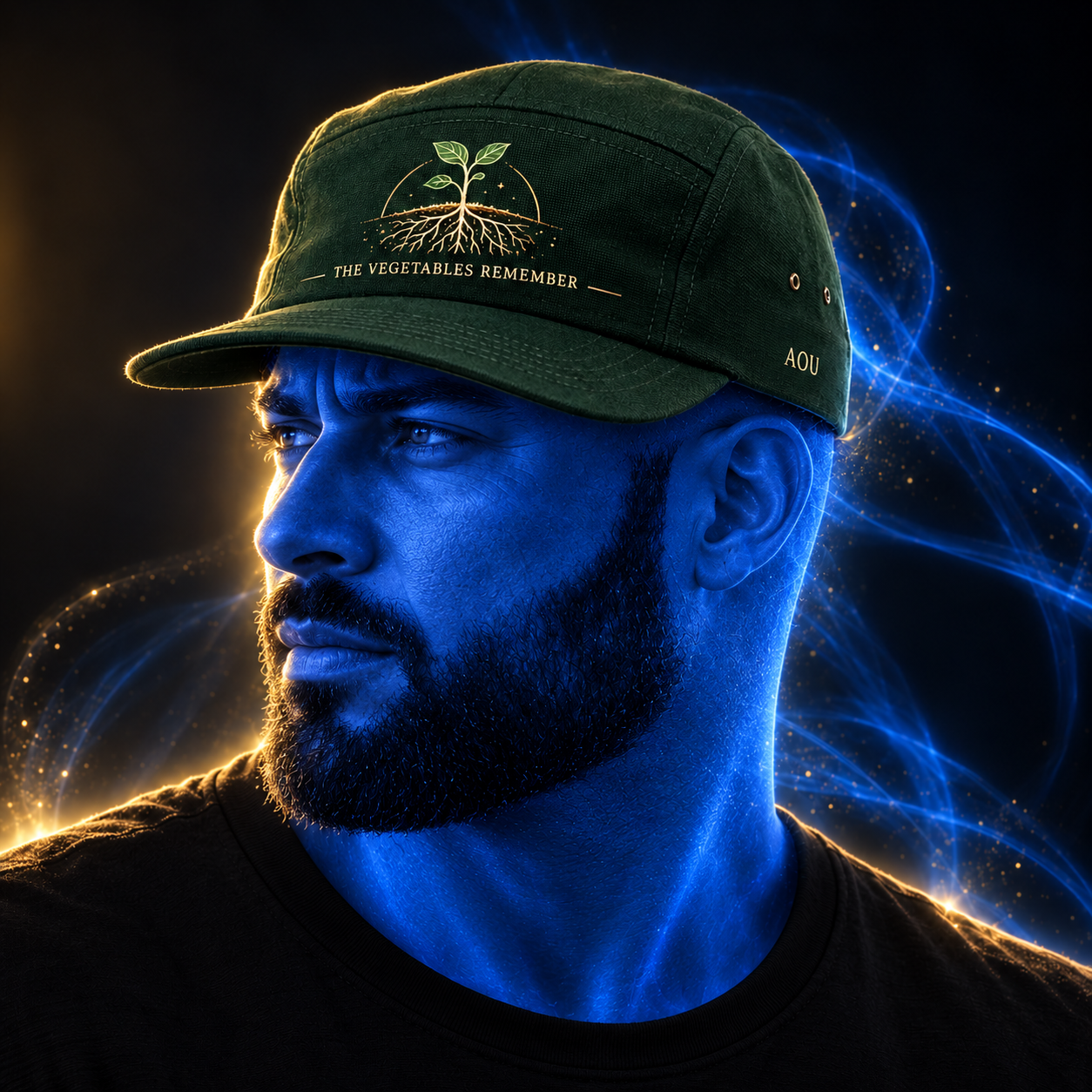 The Vegetables Remember hat design mockup on a blue luminous model