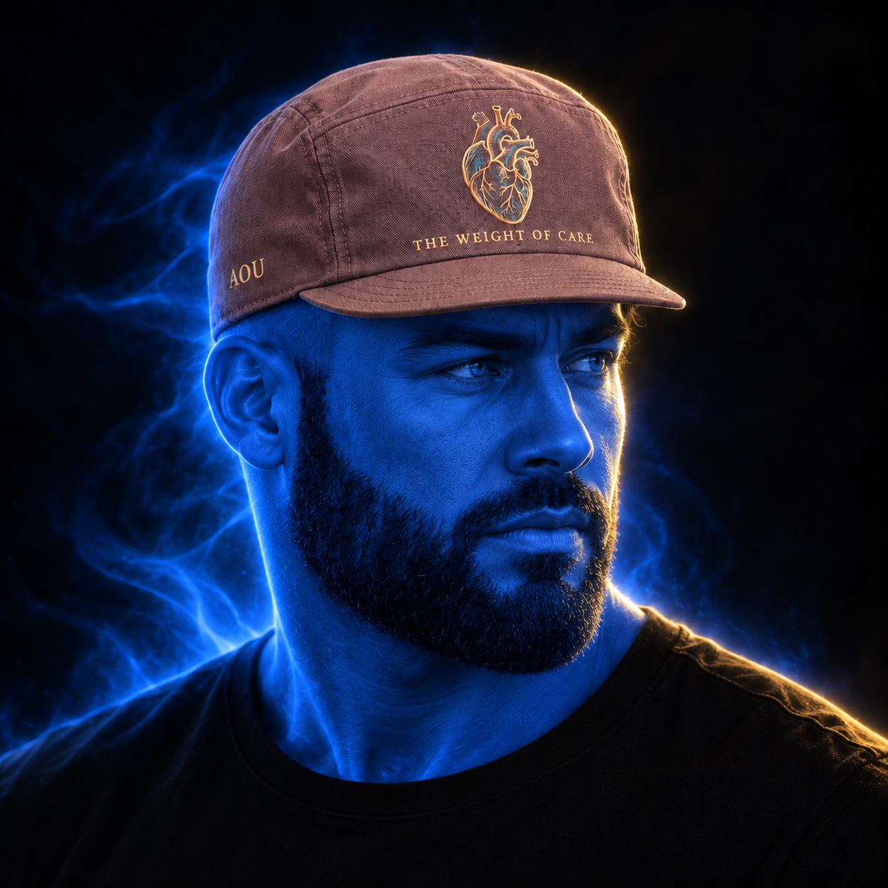 The Weight Of Care hat design mockup on a blue luminous model