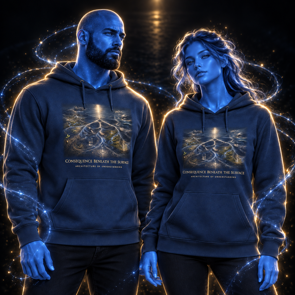 Consequence Beneath The Surface hoodie design mockup on a blue luminous model