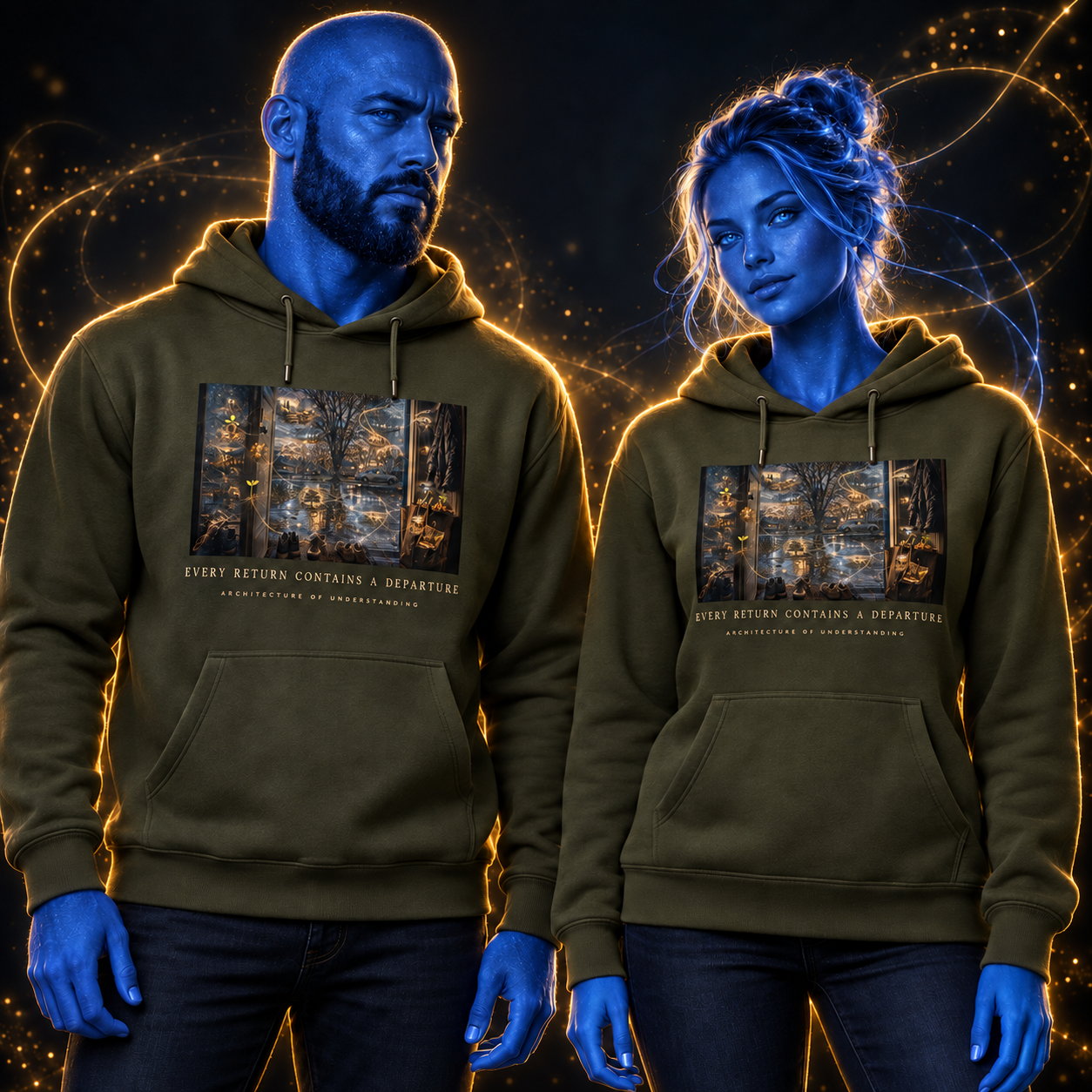 Every Return Contains A Departure hoodie design mockup on a blue luminous model