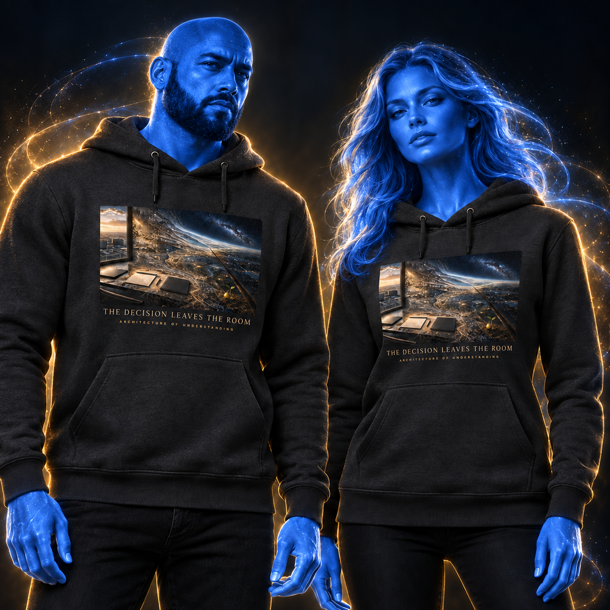 The Decision Leaves The Room hoodie design mockup on a blue luminous model