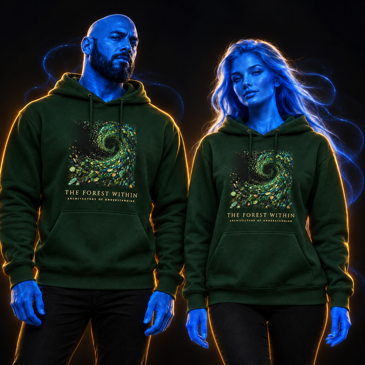 The Forest Within hoodie design mockup on a blue luminous model