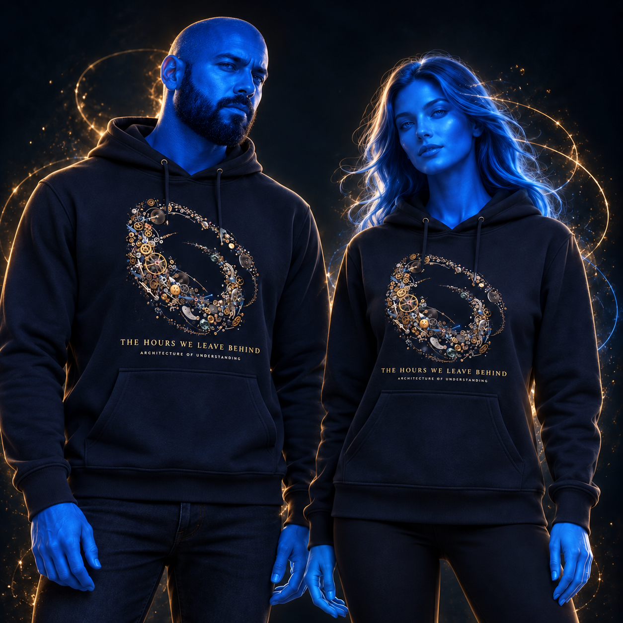 The Hours We Leave Behind hoodie design mockup on a blue luminous model