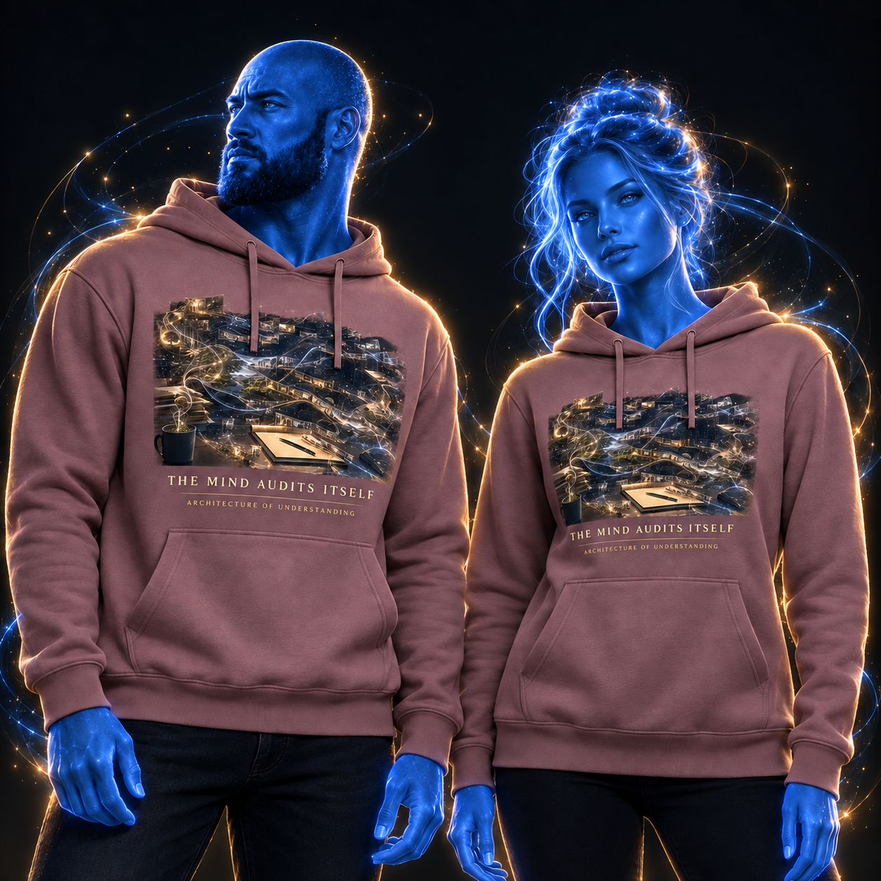 The Mind Audits Itself hoodie design mockup on a blue luminous model