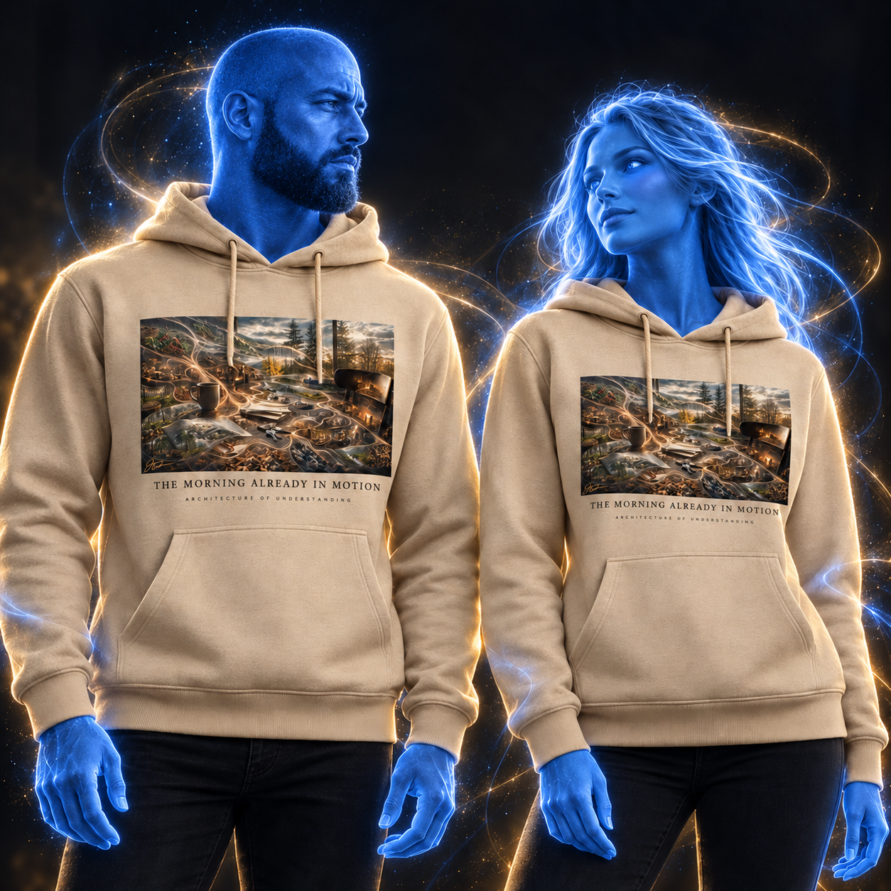 The Morning Already In Motion hoodie design mockup on a blue luminous model