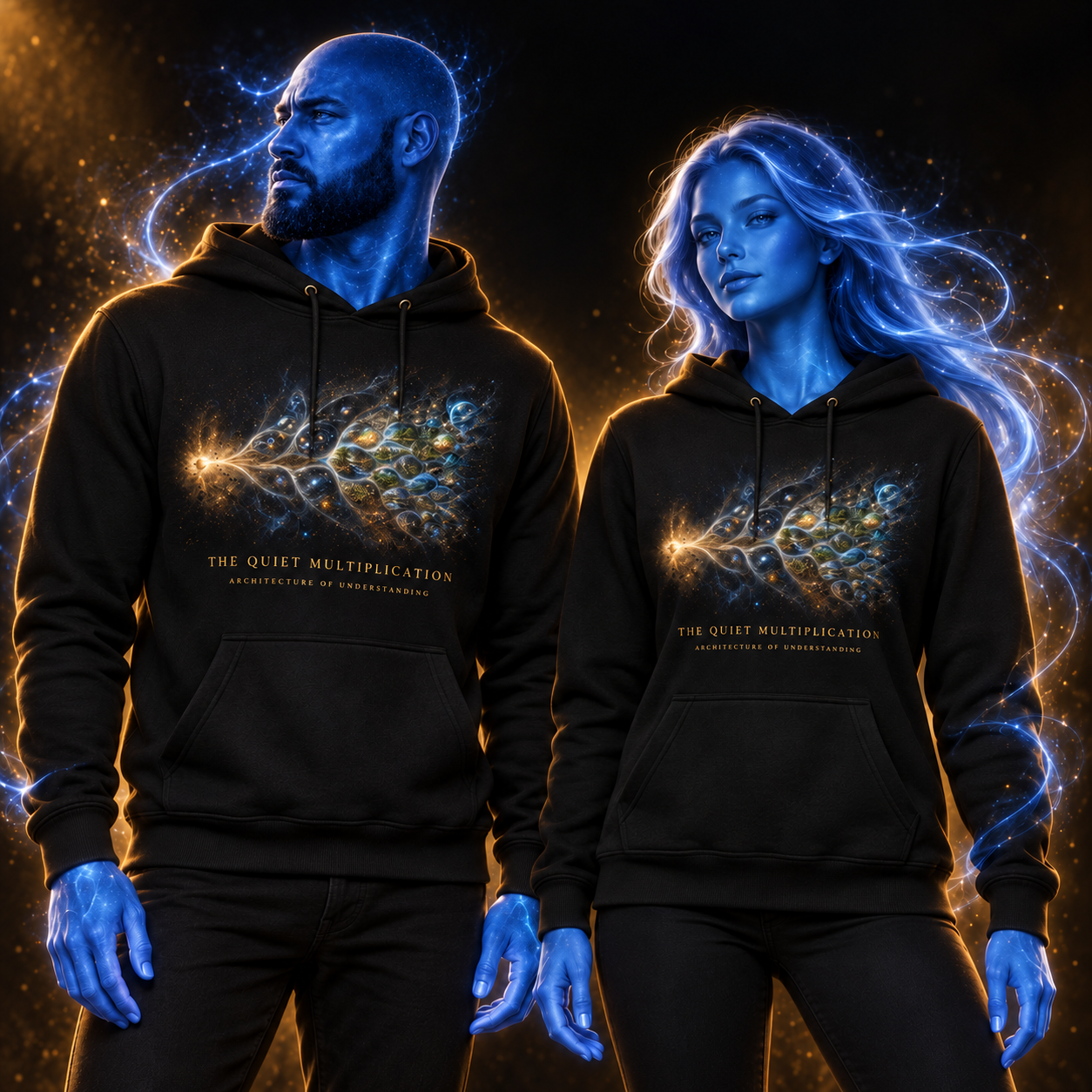 The Quiet Multiplication hoodie design mockup on a blue luminous model
