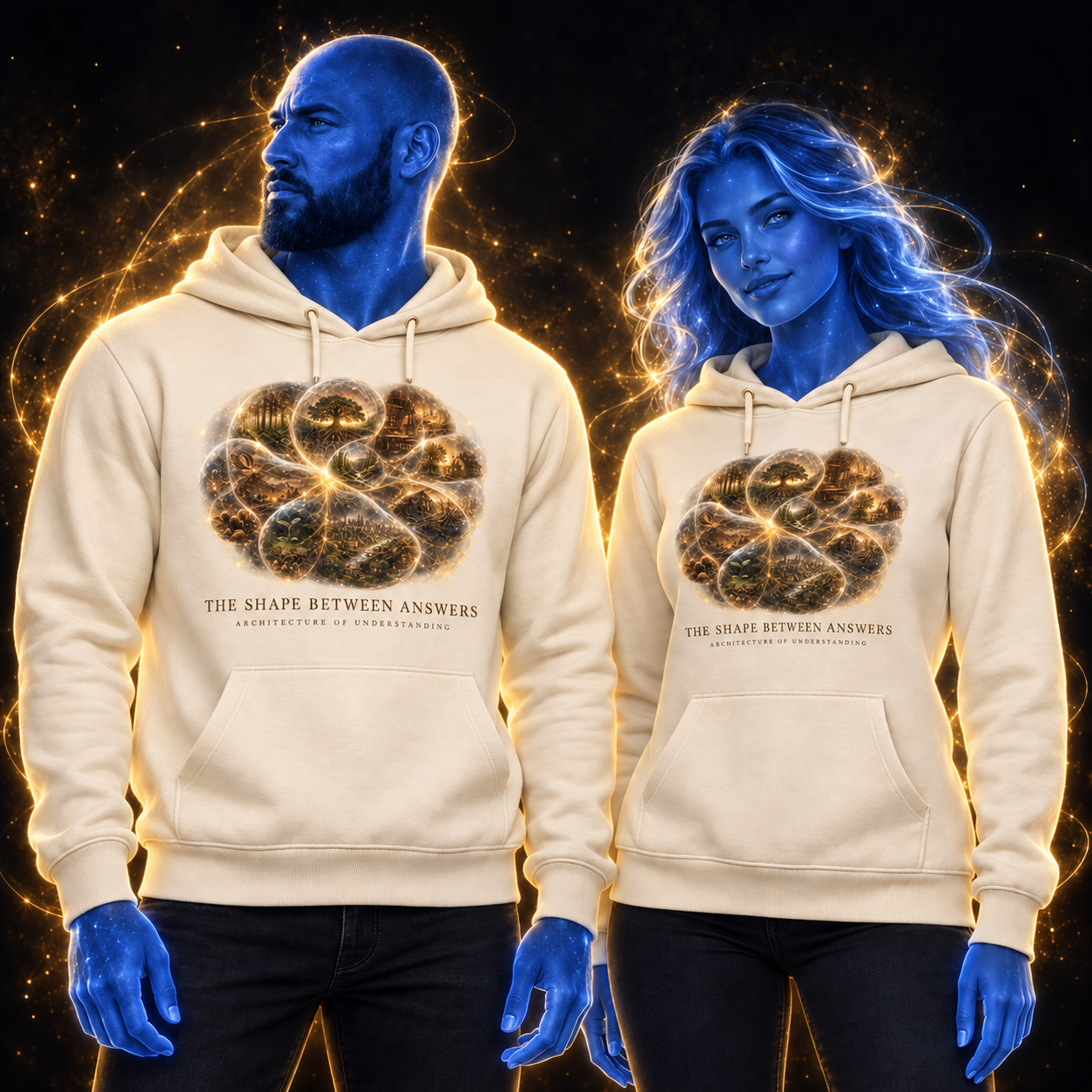 The Shape Between Answers hoodie design mockup on a blue luminous model