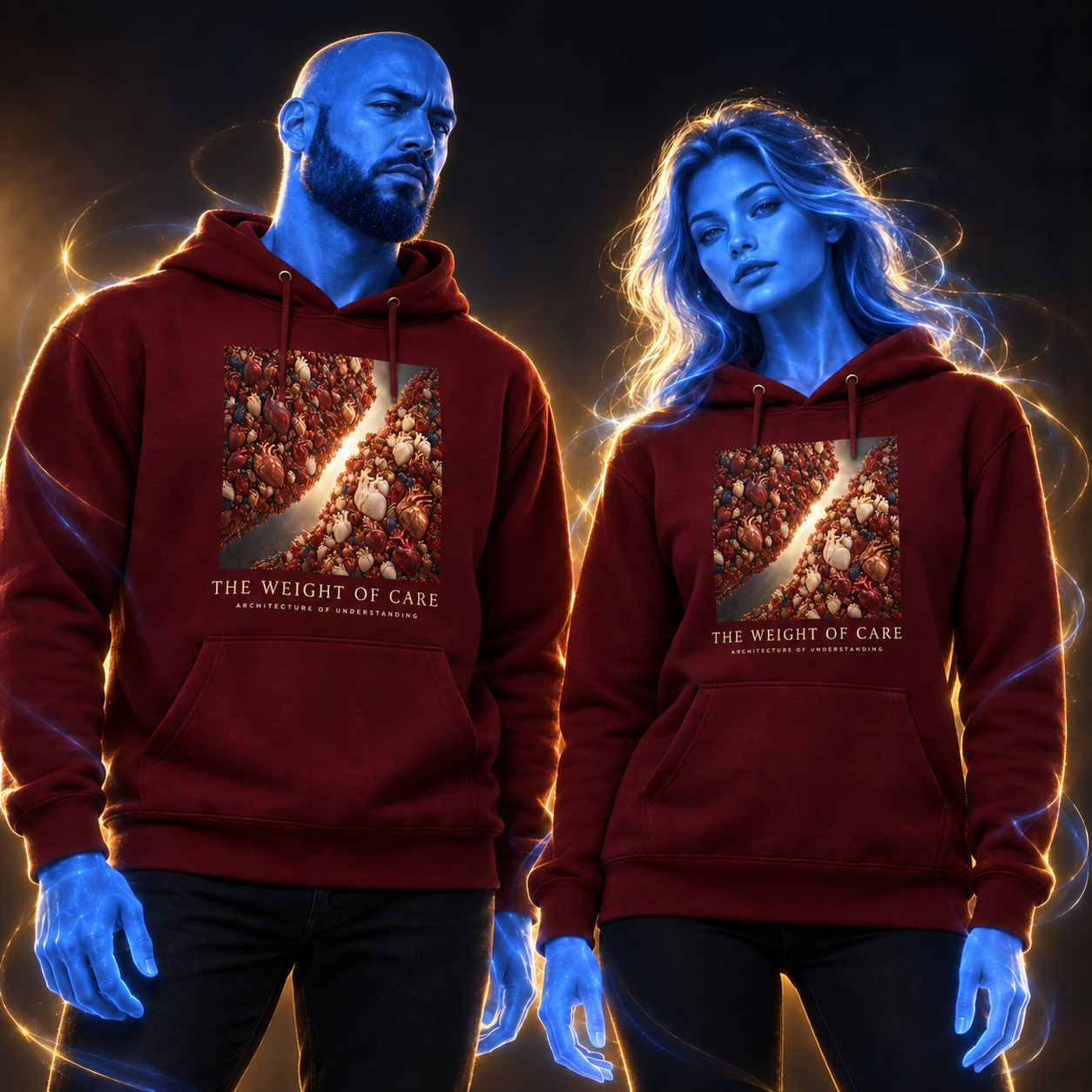 The Weight Of Care hoodie design mockup on a blue luminous model
