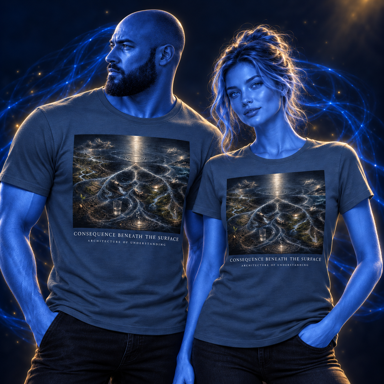 Consequence Beneath The Surface shirt design mockup on a blue luminous model