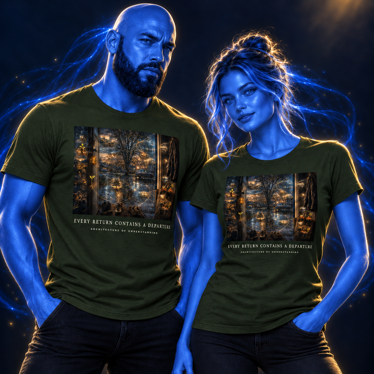 Every Return Contains A Departure shirt design mockup on a blue luminous model