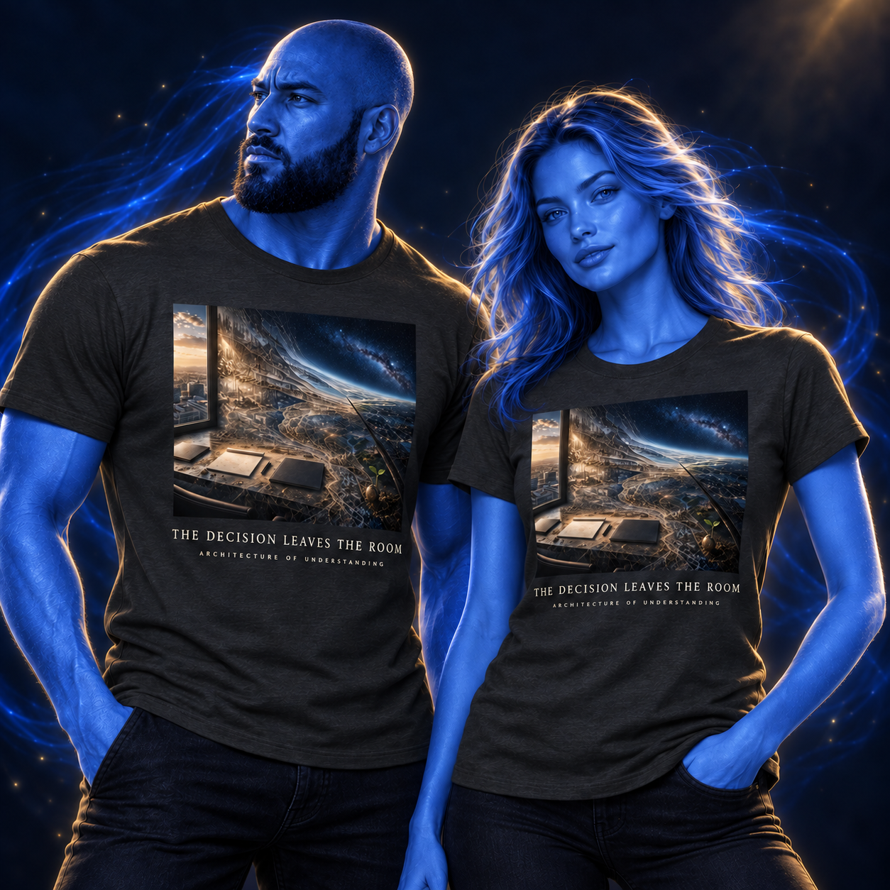 The Decision Leaves The Room shirt design mockup on a blue luminous model