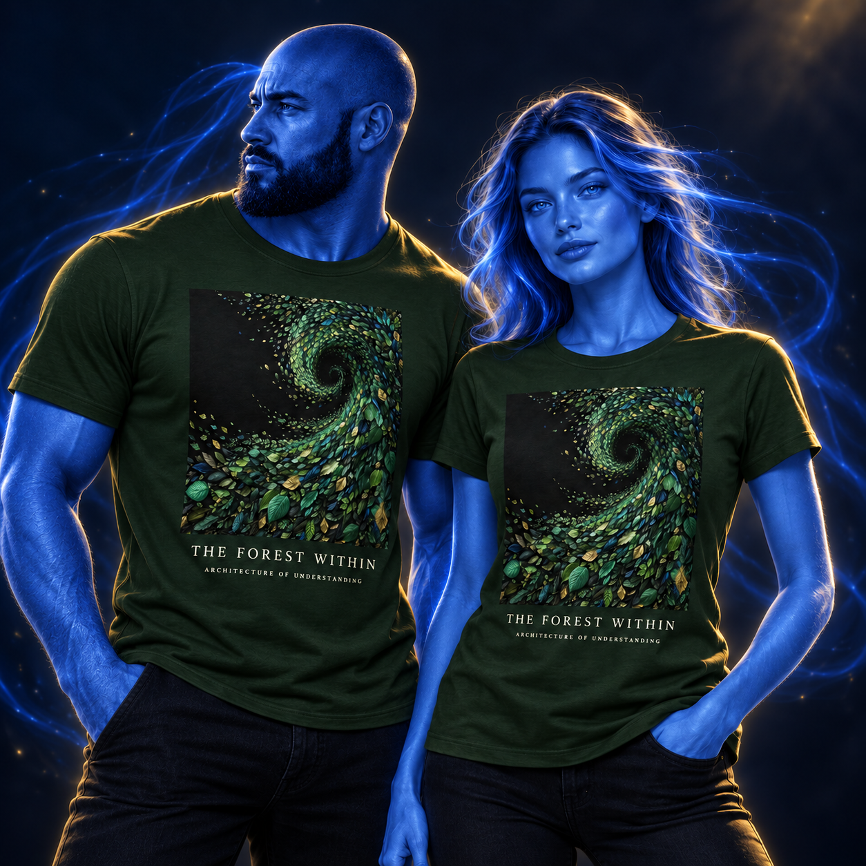 The Forest Within shirt design mockup on a blue luminous model