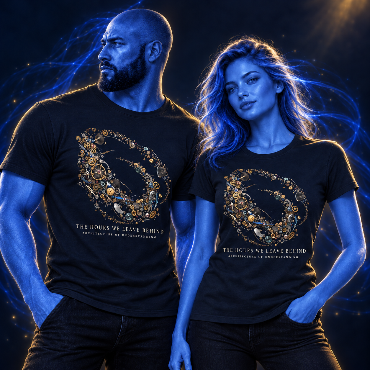 The Hours We Leave Behind shirt design mockup on a blue luminous model