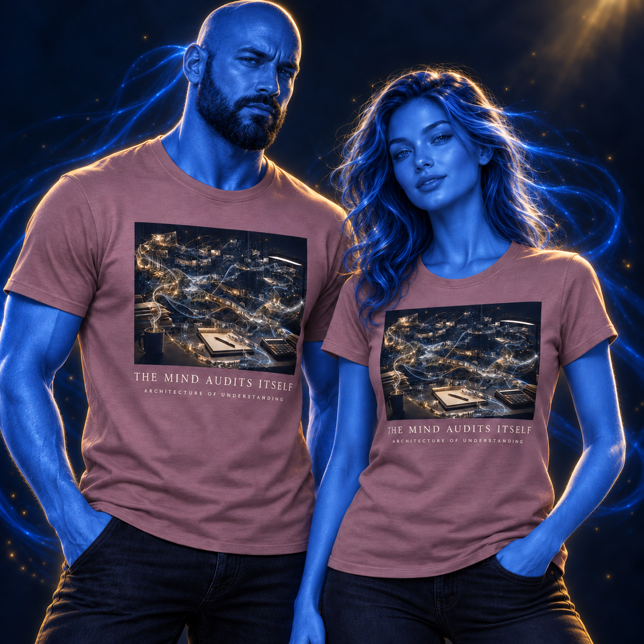 The Mind Audits Itself shirt design mockup on a blue luminous model