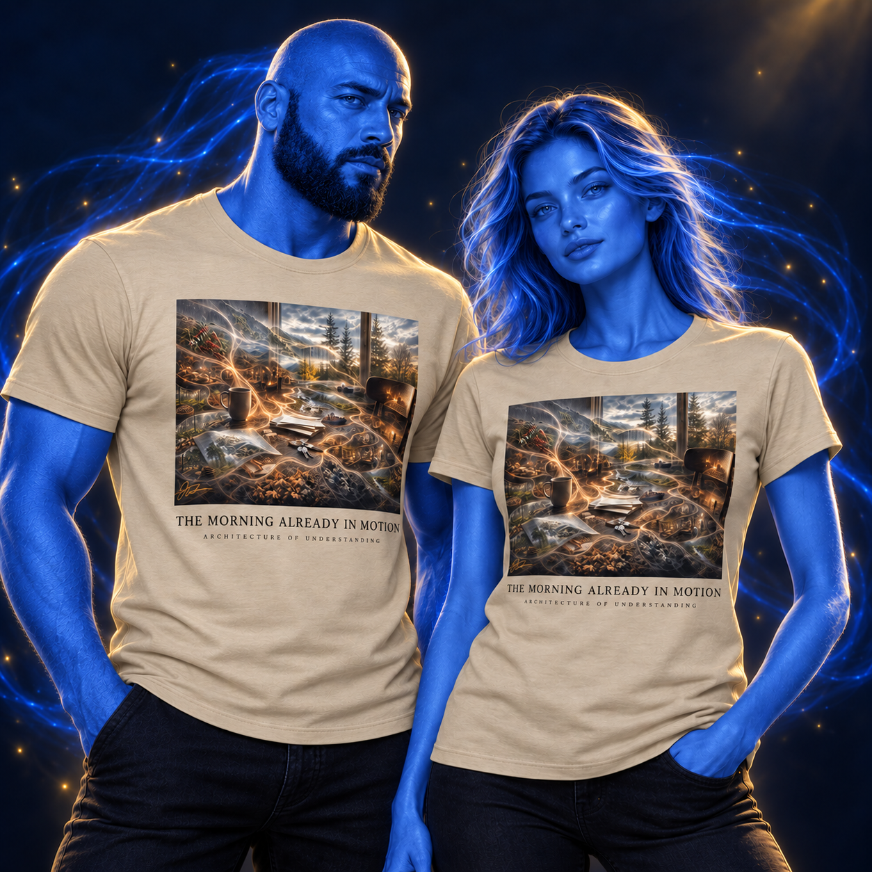 The Morning Already In Motion shirt design mockup on a blue luminous model