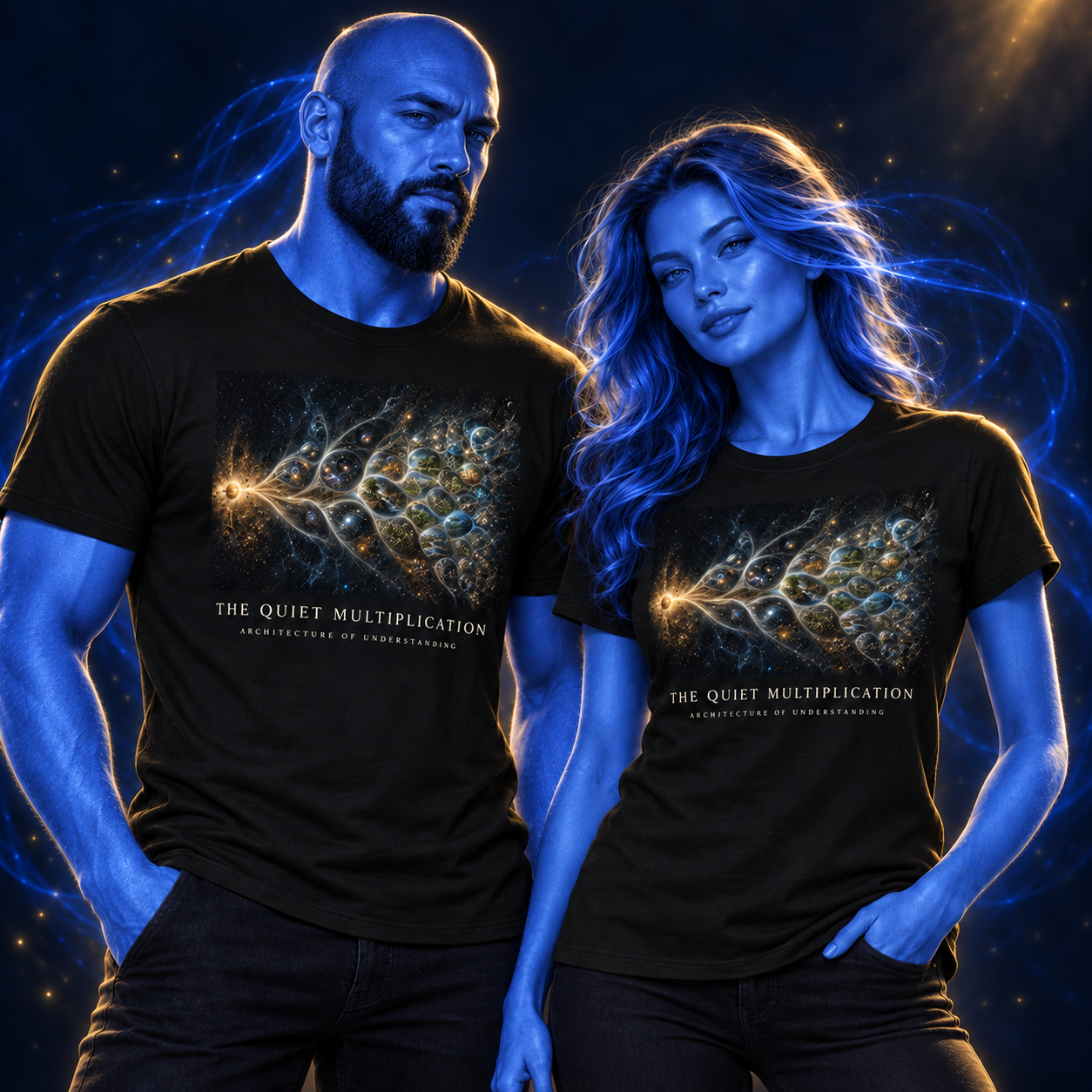 The Quiet Multiplication shirt design mockup on a blue luminous model