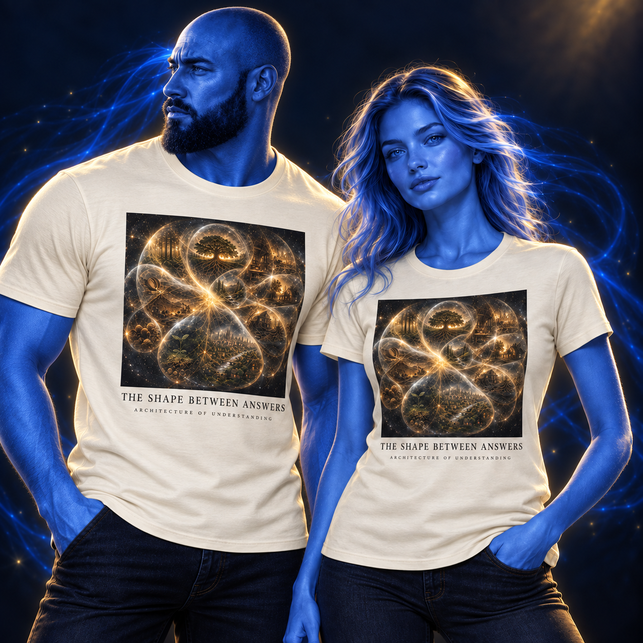 The Shape Between Answers shirt design mockup on a blue luminous model