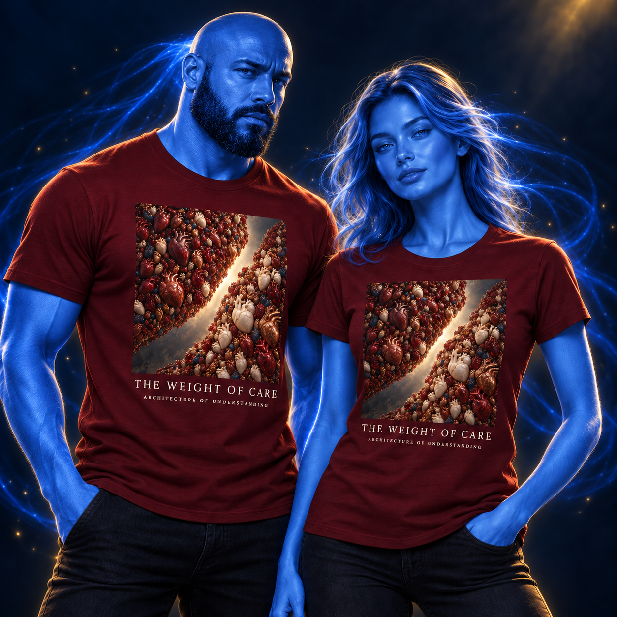 The Weight Of Care shirt design mockup on a blue luminous model